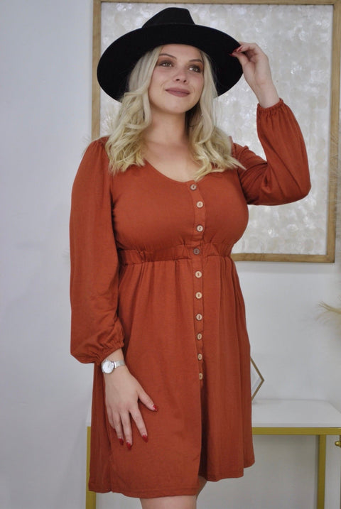 Balloon Sleeve Button Down Dress - Available in Dark Orange, Olive Green, Khaki, Burgundy, Teal or Blue